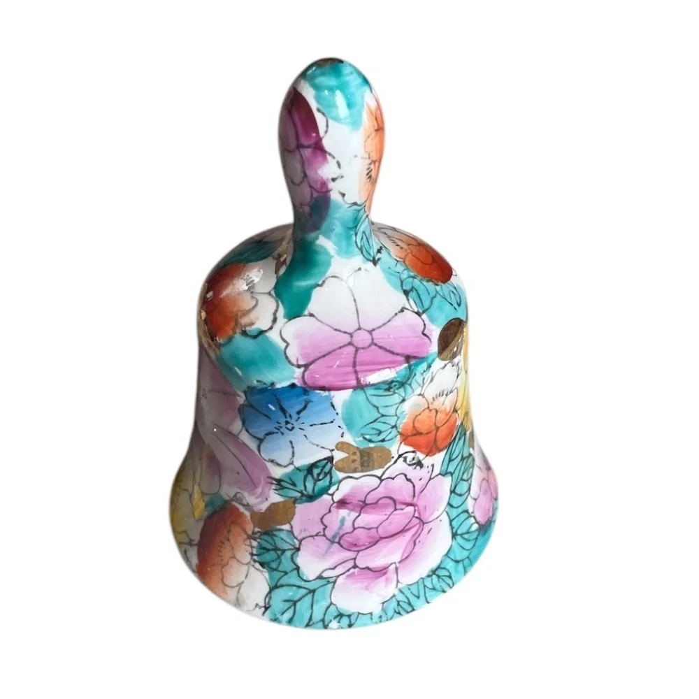 Vintage Chinese Hand Painted‎ Porcelain Bell with Flowers & Gold Accents